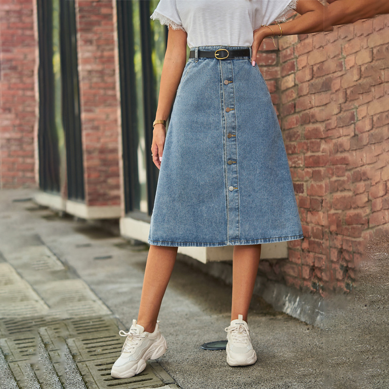 A-Line Skirt Midi - Versatile Slimming Washed Denim One Row