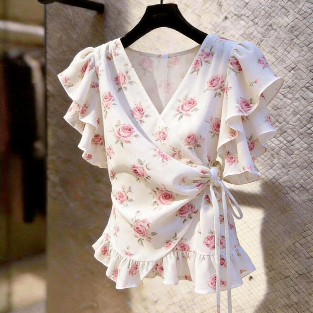 Wrap Blouse Chiffon - Women V Neck Wrap Chiffon Blouse