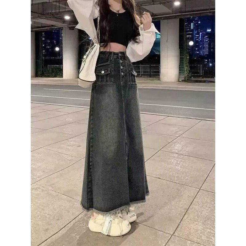 A-Line Skirt Midi - High Waist A-Line Midi Denim Skirt