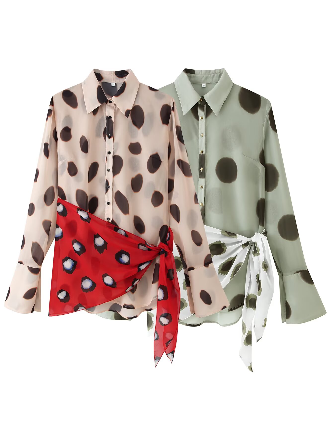Wrap Blouse Chiffon - Women Long Sleeve Dot Print Long