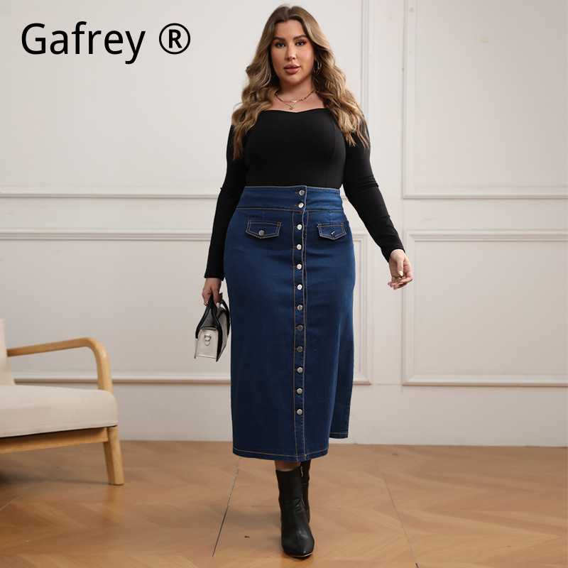 A-Line Skirt Midi - Plus Size High Waist Button Front