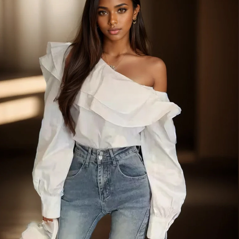 Wrap Blouse Chiffon - Vintage Ruffled Off Shoulder White Shirt