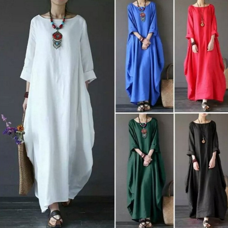 A-Line Skirt Midi - Loose Cotton Linen Long Dress Artistic