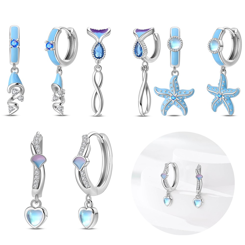 Women'S Fashion Website - Silver Colors Blue Starfish Earrings Hoop