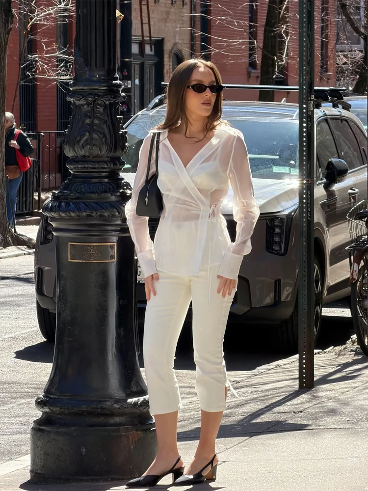 Wrap Blouse Chiffon - Women's White Sheer V Neck Tie