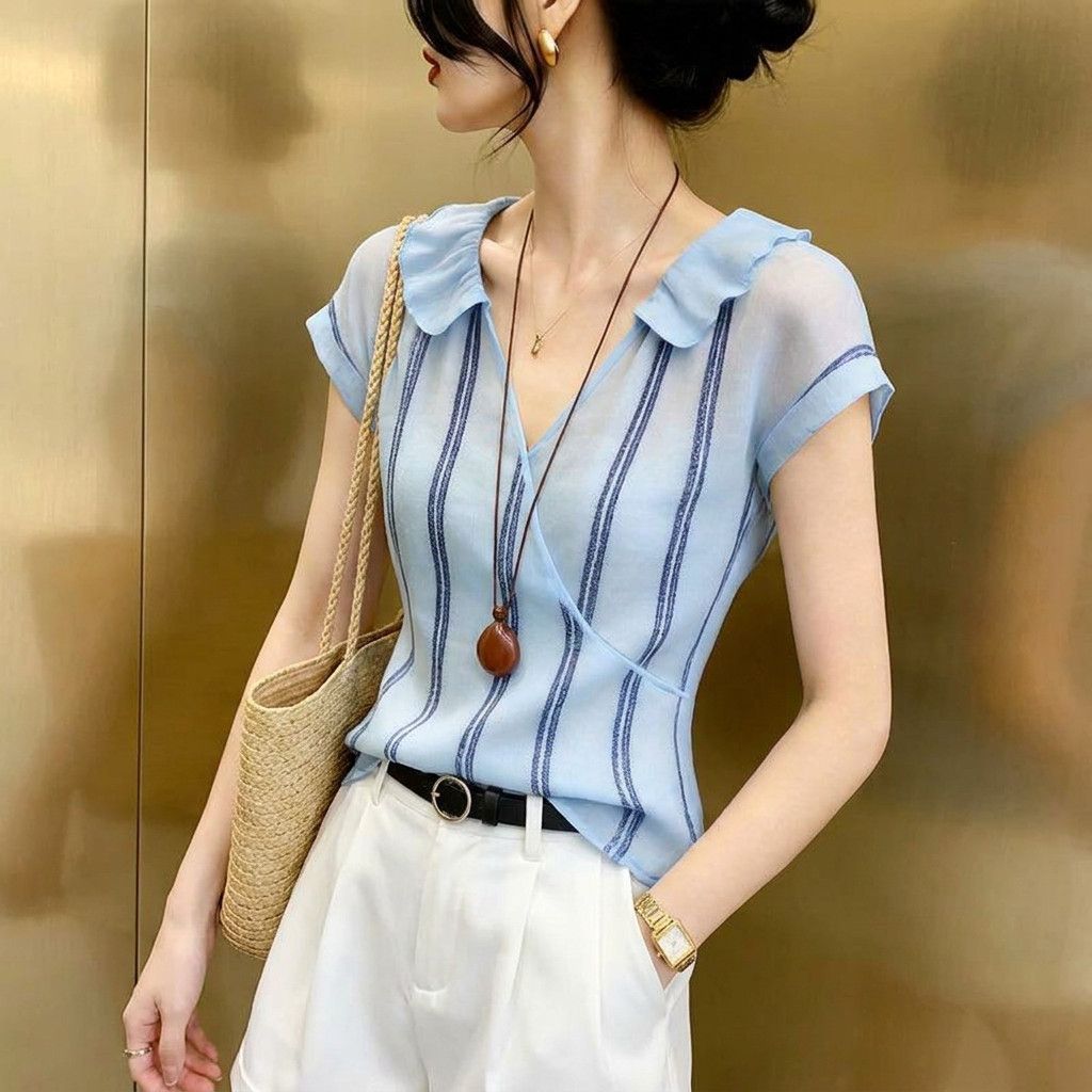 French Style Blue Vertical Str - đánh giá và giá Wrap Blouse Chiffon