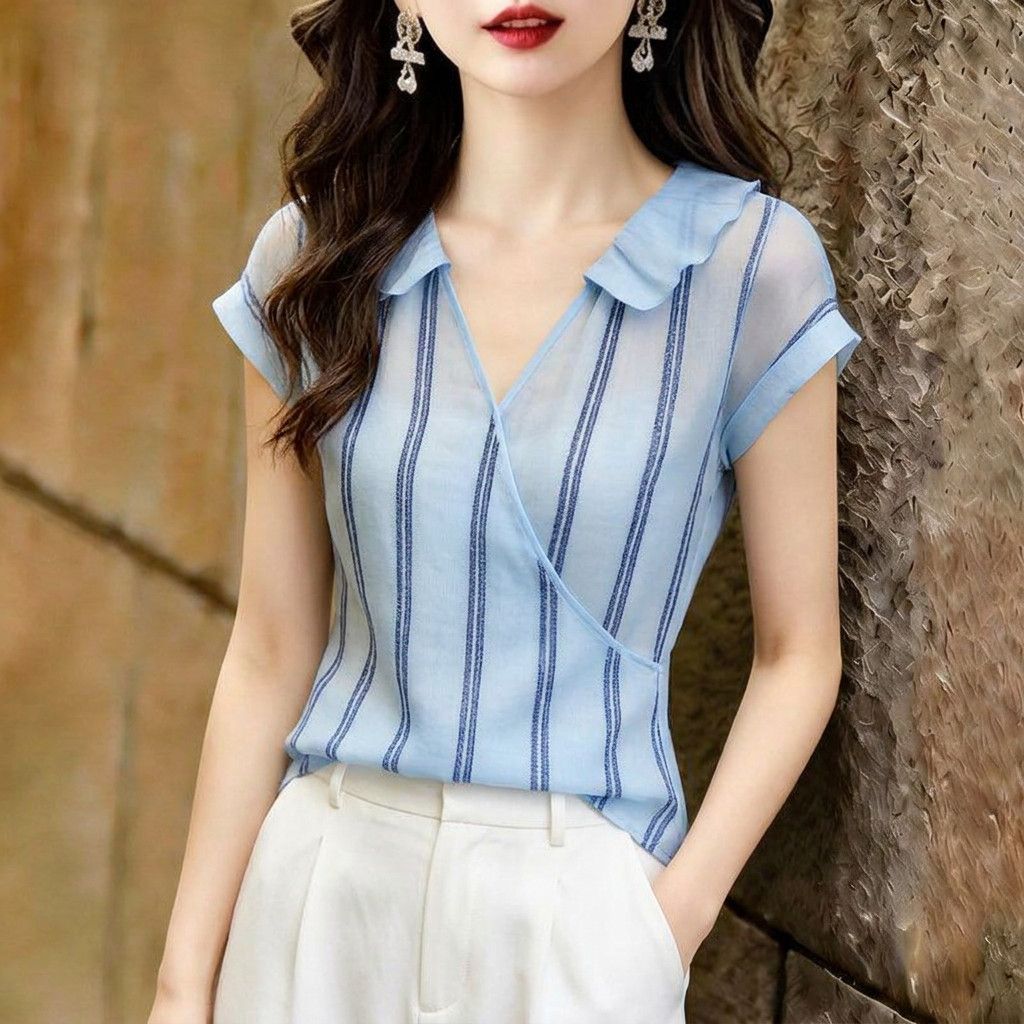 French Style Blue Vertical Str - đánh giá và giá Wrap Blouse Chiffon