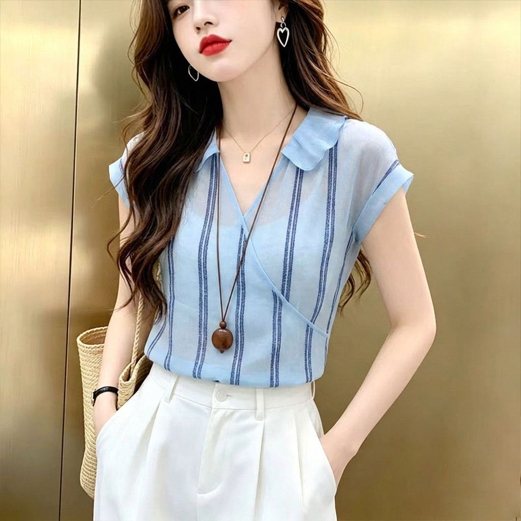 French Style Blue Vertical Str - đánh giá và giá Wrap Blouse Chiffon