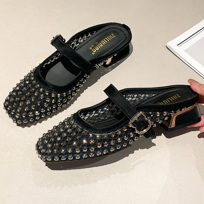 Mesh Rhinestone Chunky Heel Mu - đánh giá và giá Women'S Fashion Sandals