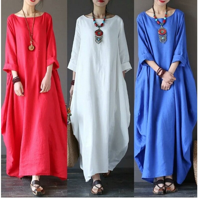 Loose Cotton Linen Long Dress  - đánh giá và giá A-Line Skirt Midi