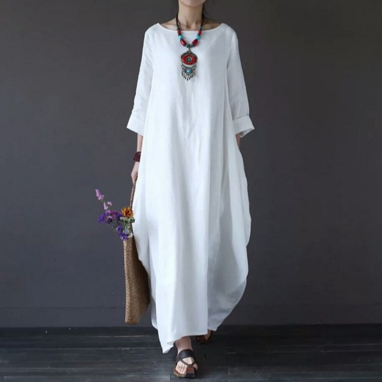 Loose Cotton Linen Long Dress  - đánh giá và giá A-Line Skirt Midi