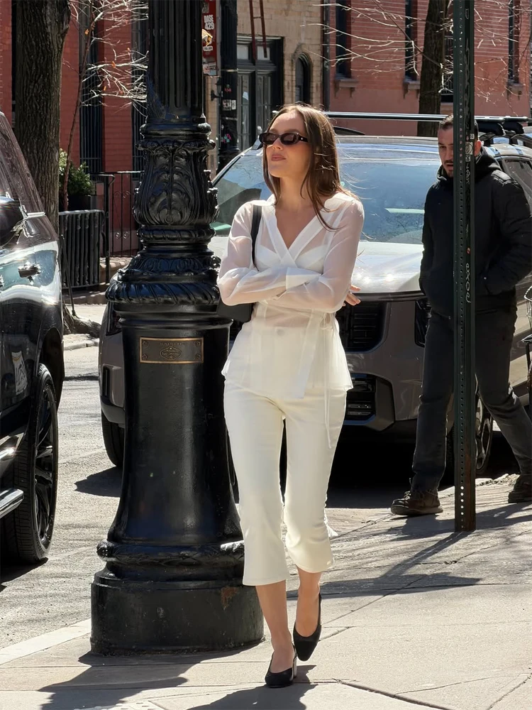 Women's White Sheer V Neck Tie - đánh giá và giá Wrap Blouse Chiffon