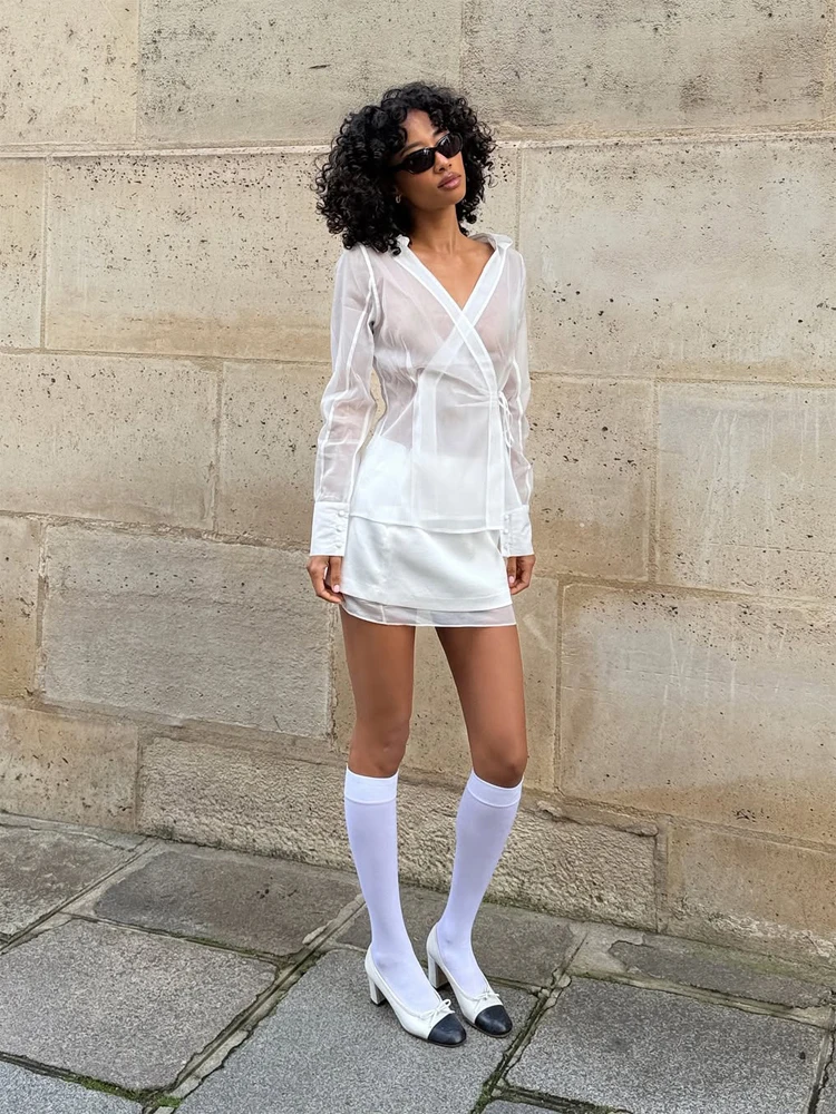 Women's White Sheer V Neck Tie - đánh giá và giá Wrap Blouse Chiffon