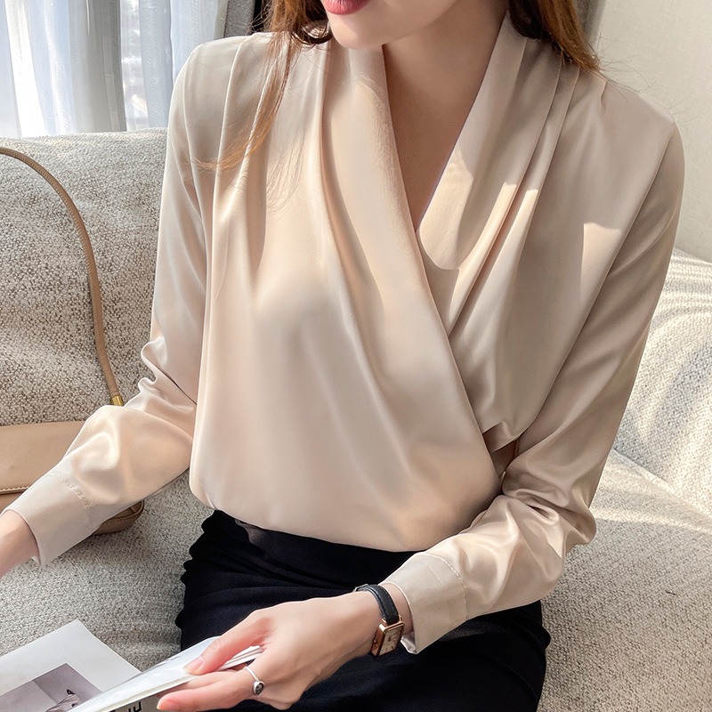 Women Wrap V Neck Satin Blouse - đánh giá và giá Wrap Blouse Chiffon